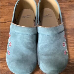Dansko Blue Embroidered Clogs